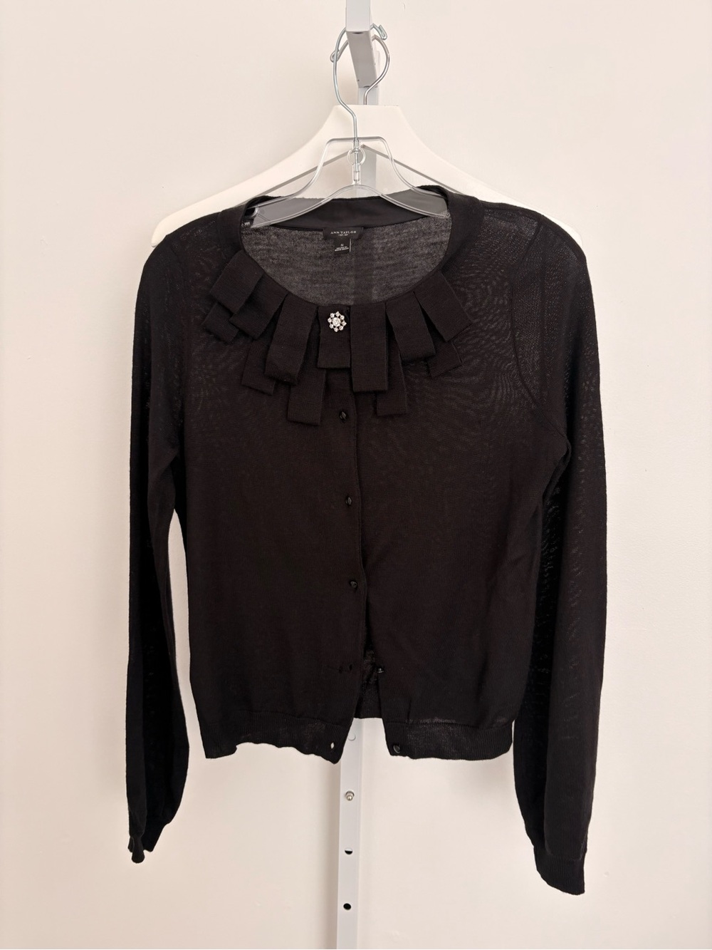 Ann Taylor Black Ruffle Collar Cardigan with Jewel Detail